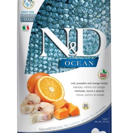 ND Ocean Tahılsız Morina Balığı Balkabağı ve Portakallı Orta ve Büyük Irk Köpek Maması 12kg