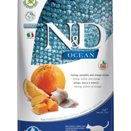 ND Ocean Tahılsız Ringa Balığı Balkabağı ve Portakallı Yetişkin Kedi Maması 5kg