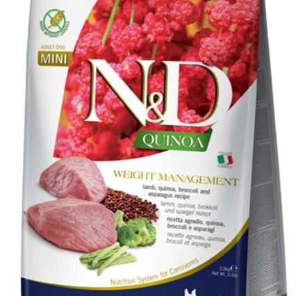 ND Quinoa Tahılsız Kuzu Eti Brokoli ve Kuşkonmazlı Kilo Kontrolü için Küçük Irk Köpek Maması 2,5kg