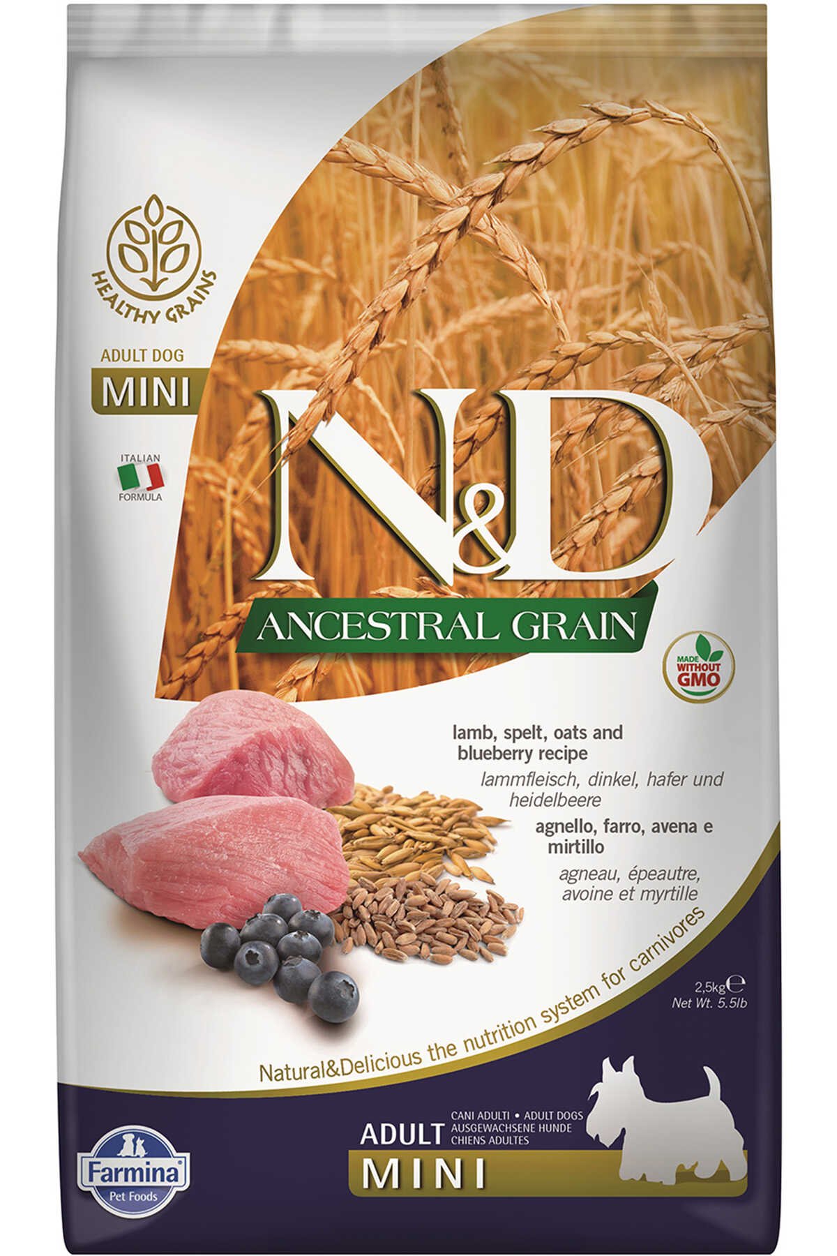 ND Ancestral Grain Düşük Tahıllı Kuzu Eti ve Yaban Mersinli Küçük Irk Yetişkin Köpek Maması 2,5kg