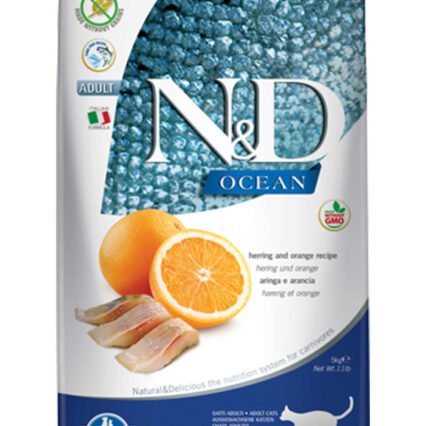 ND Ocean Tahılsız Ringa Balığı ve Portakallı Yetişkin Kedi Maması 5kg