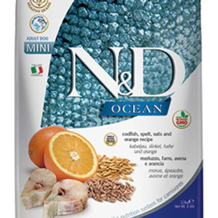 ND Ocean Düşük Tahıllı Morina Balığı ve Portakallı Küçük Irk Yetişkin Köpek Maması 2,5kg