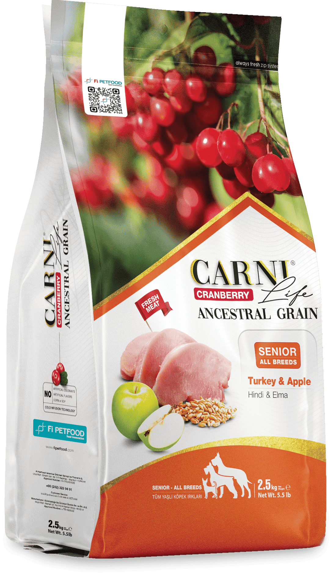 Carni Life Cranberry Ancestral Grain Hindi&Elma Senior Tüm Irklar için Köpek Kuru Maması