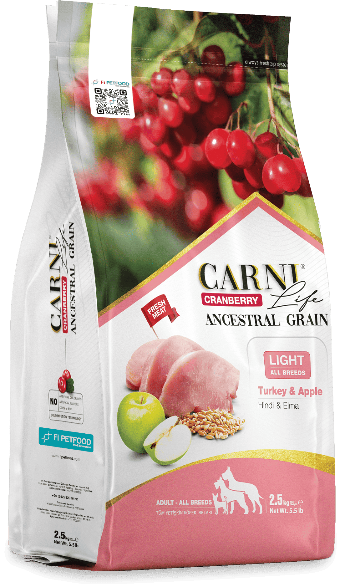 Carni Life Cranberry Ancestral Grain Hindi&Elma Yetişkin Light Tüm Irklar için Köpek Kuru Maması