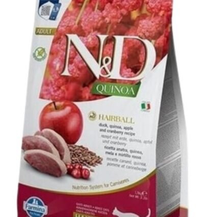 N&D Quinoa Tüy Yumağı Önleyici Ördekli Elmalı ve Kızılcıklı Tahılsız Yetişkin Kedi Maması 1,5kg