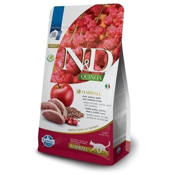 N&D Quinoa Hairball Ördek Etli, Elmalı & Kızılcıklı Tüy Yumağı Kontrolü Sağlayan Tahılsız Yetişkin Kedi Maması 1,5kg